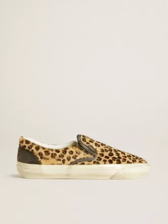 VCE Penstar da uomo in pelle di pony con stampa leopardata e linguetta sul tallone in pelle nera