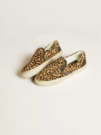 VCE Penstar da uomo in pelle di pony con stampa leopardata e linguetta sul tallone in pelle nera