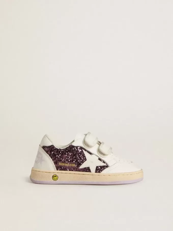 Young Ball Star in glitter viola con stella in pelle bianca e linguetta sul tallone