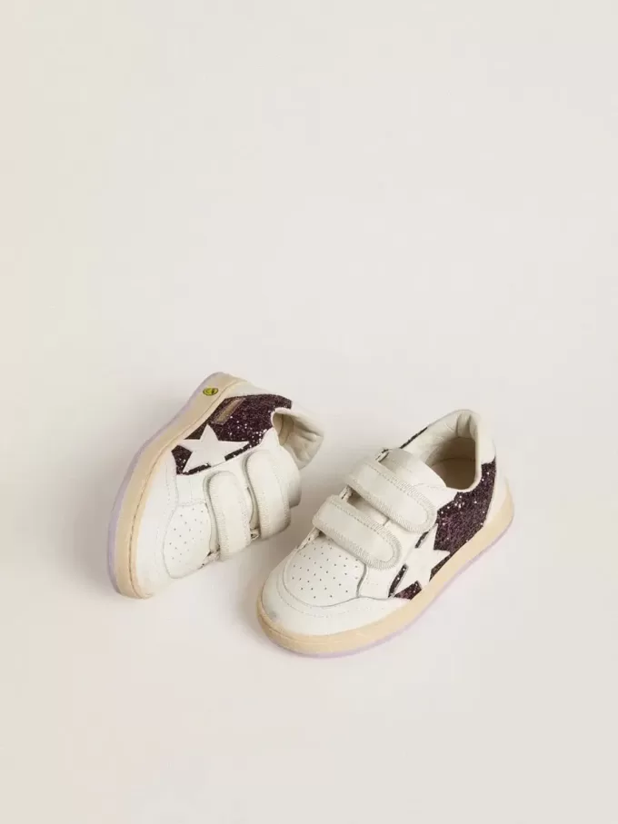 Young Ball Star in glitter viola con stella in pelle bianca e linguetta sul tallone