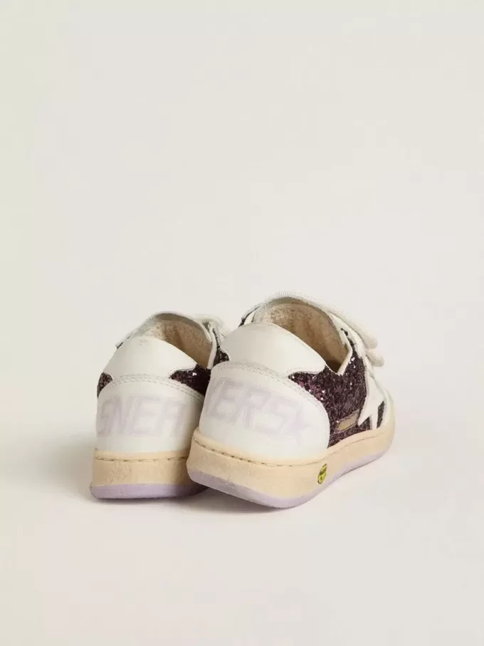 Young Ball Star in glitter viola con stella in pelle bianca e linguetta sul tallone