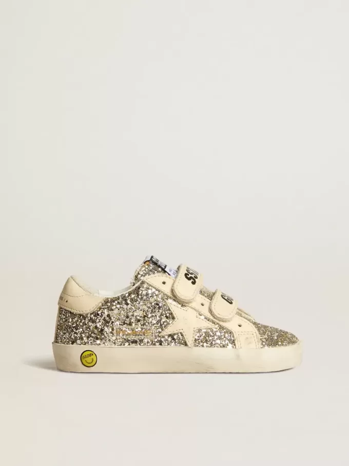 Young Old School in glitter platino con stella e linguetta sul tallone in pelle Young Old School in glitter platino con stella e linguetta sul tallone in pelle