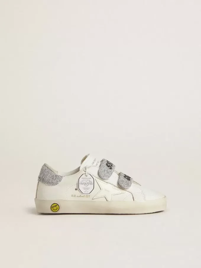 Young Old School in pelle bianca con tallone e cinturini in cristallo Swarovski argento