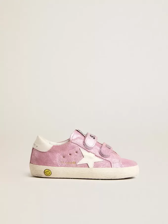 Young Old School in pelle scamosciata rosa metallizzata con stella e linguetta sul tallone in pelle bianca Young Old School in pelle scamosciata rosa metallizzata con stella e linguetta sul tallone in pelle bianca