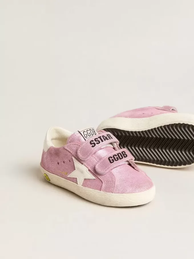 Young Old School in pelle scamosciata rosa metallizzata con stella e linguetta sul tallone in pelle bianca Young Old School in pelle scamosciata rosa metallizzata con stella e linguetta sul tallone in pelle bianca