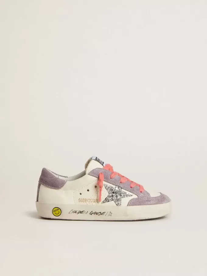 Young Super-Star con stella glitterata argento e inserti in pelle scamosciata lilla