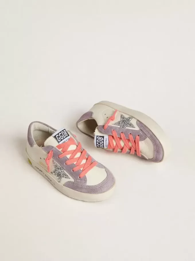 Young Super-Star con stella glitterata argento e inserti in pelle scamosciata lilla