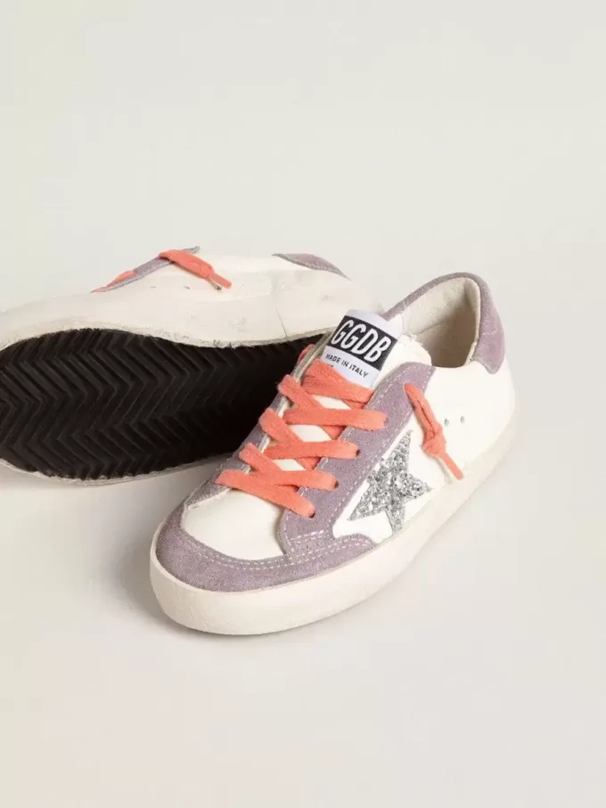 Young Super-Star con stella glitterata argento e inserti in pelle scamosciata lilla