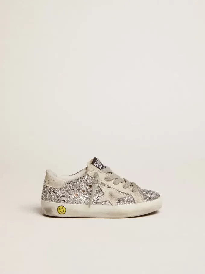 Junior Super-Star in glitter argento con stella in camoscio grigio ghiaccio