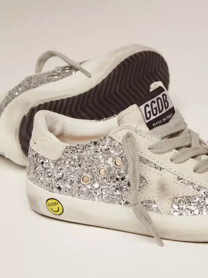 Young Super-Star in glitter argento con stella in camoscio grigio ghiaccio
