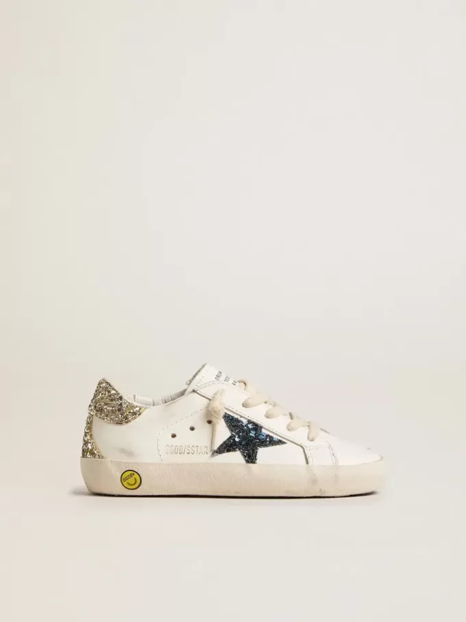 Young Super-Star in pelle con stella glitterata e linguetta sul tallone