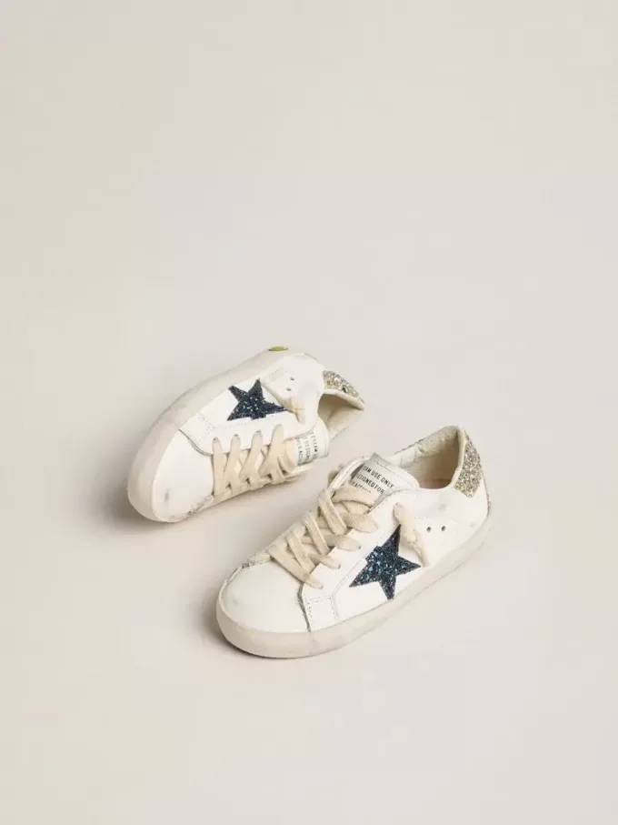 Young Super-Star in pelle con stella glitterata e linguetta sul tallone
